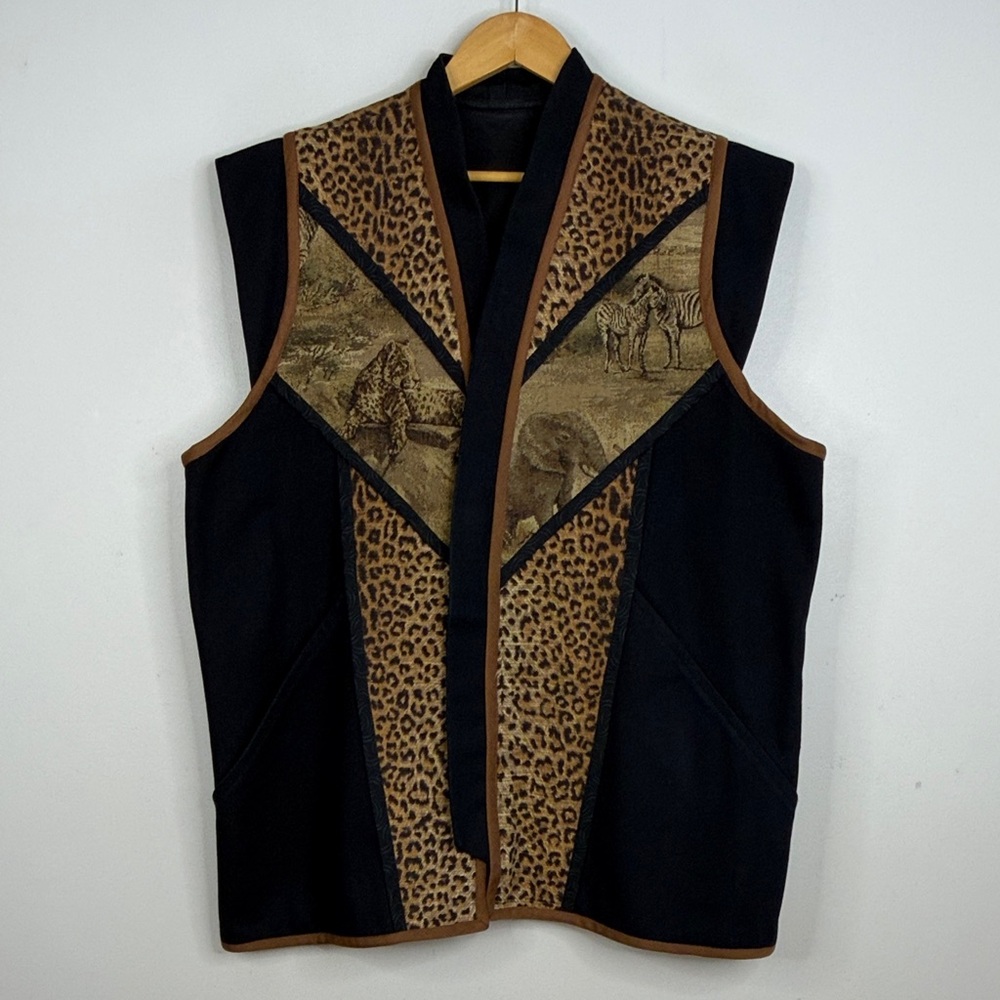Handmade Vest Womens XXL 3XL Black Tan Cotton Denim Safari Jungle Animal Print